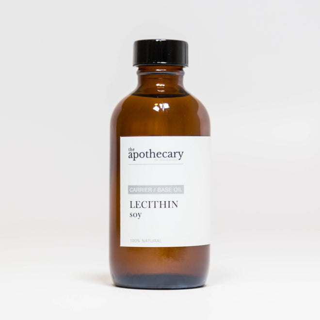 An amber glass bottle with a white label that reads "Soy Lecithin". The background is white.