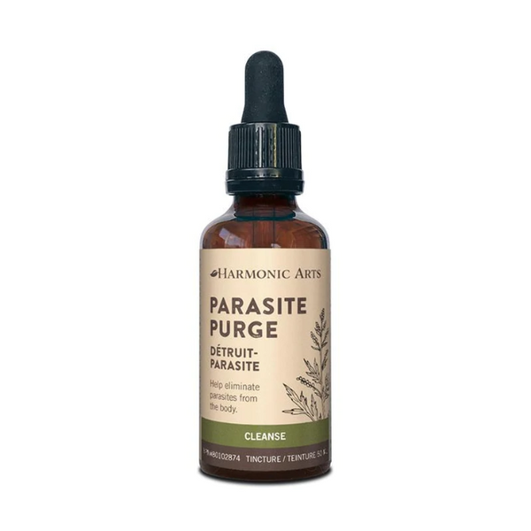Image of a 30ml amber tincture bottle. The label says "Parasite Purge".