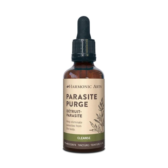 Image of a 30ml amber tincture bottle. The label says "Parasite Purge".