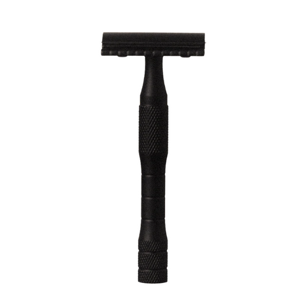 Image of a black safety razor on a white background.