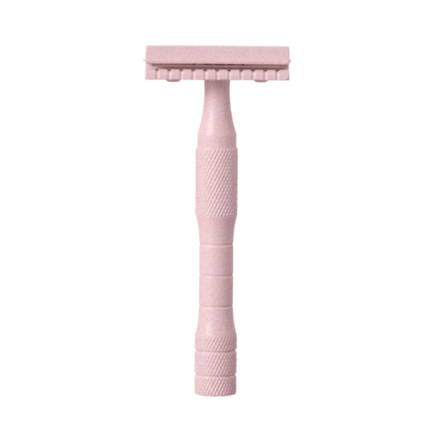 Image of a pink safety razor on a white background.